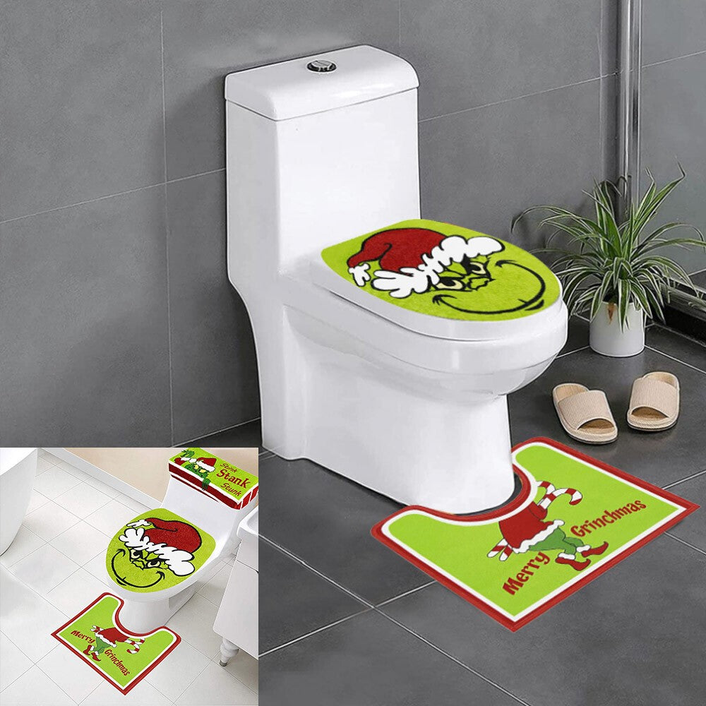 4PCS/Set Christmas Grinchs Decor Bathroom Toilet Pad Seat Cover-Rug for Bathroom