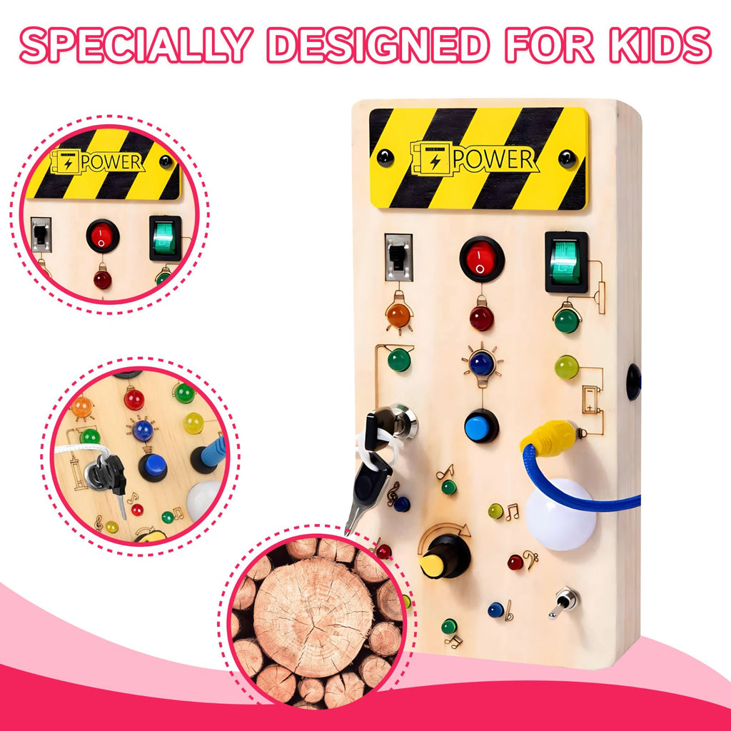 Montessori Busy Board Sensory Travel Activity Toys Wooden With LED Light Switch