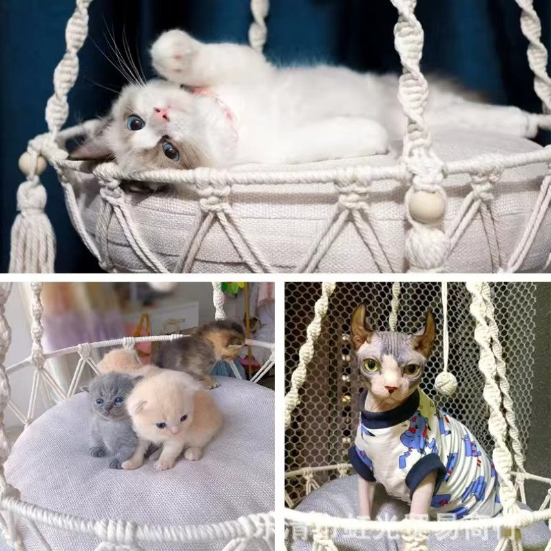 Winter Pet Hammock Cat Swing Hand Woven Cotton Rope Cats Hanging Basket  Kitten