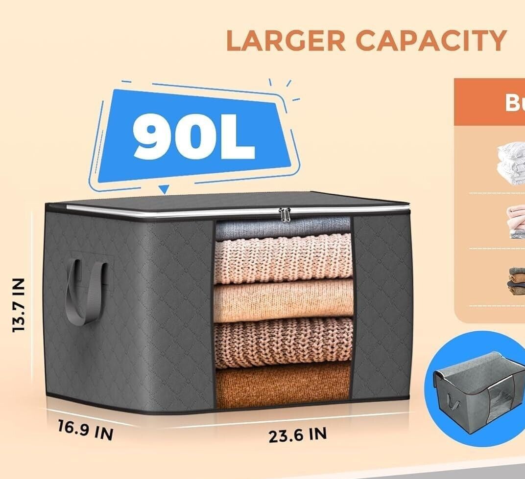 6 Pack 90L Storage Bags Zipped for Clothes Bedding Toys Packing Moving Box