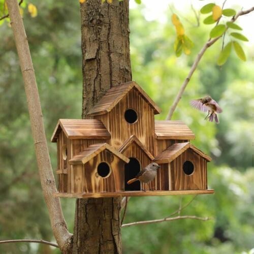 Hanging Wooden Bird House Feeder – Garden Feeding Station & Wood Shelter