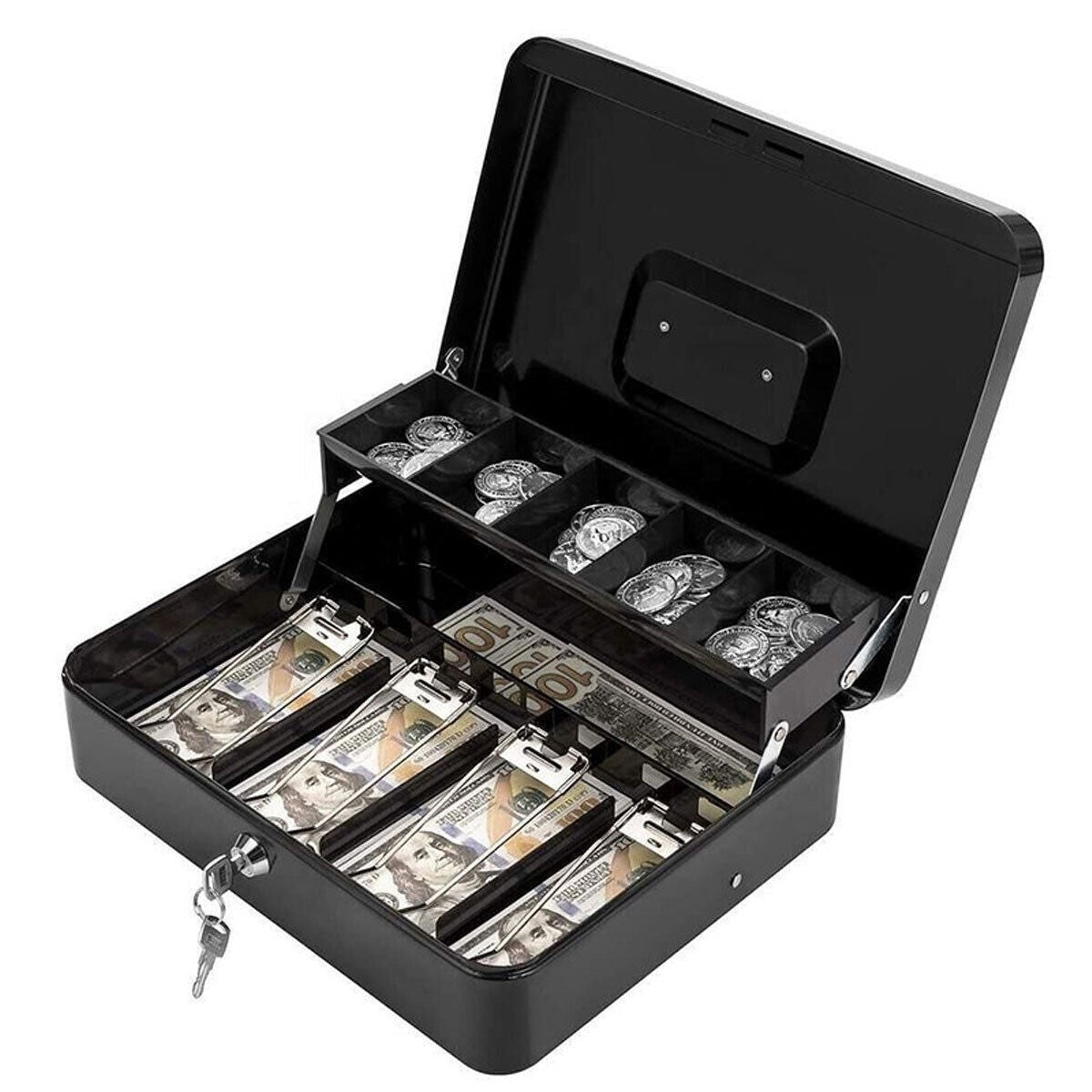 Money Float Tin Keys Lockable Safe Metal Petty Cash Box Coin Tray