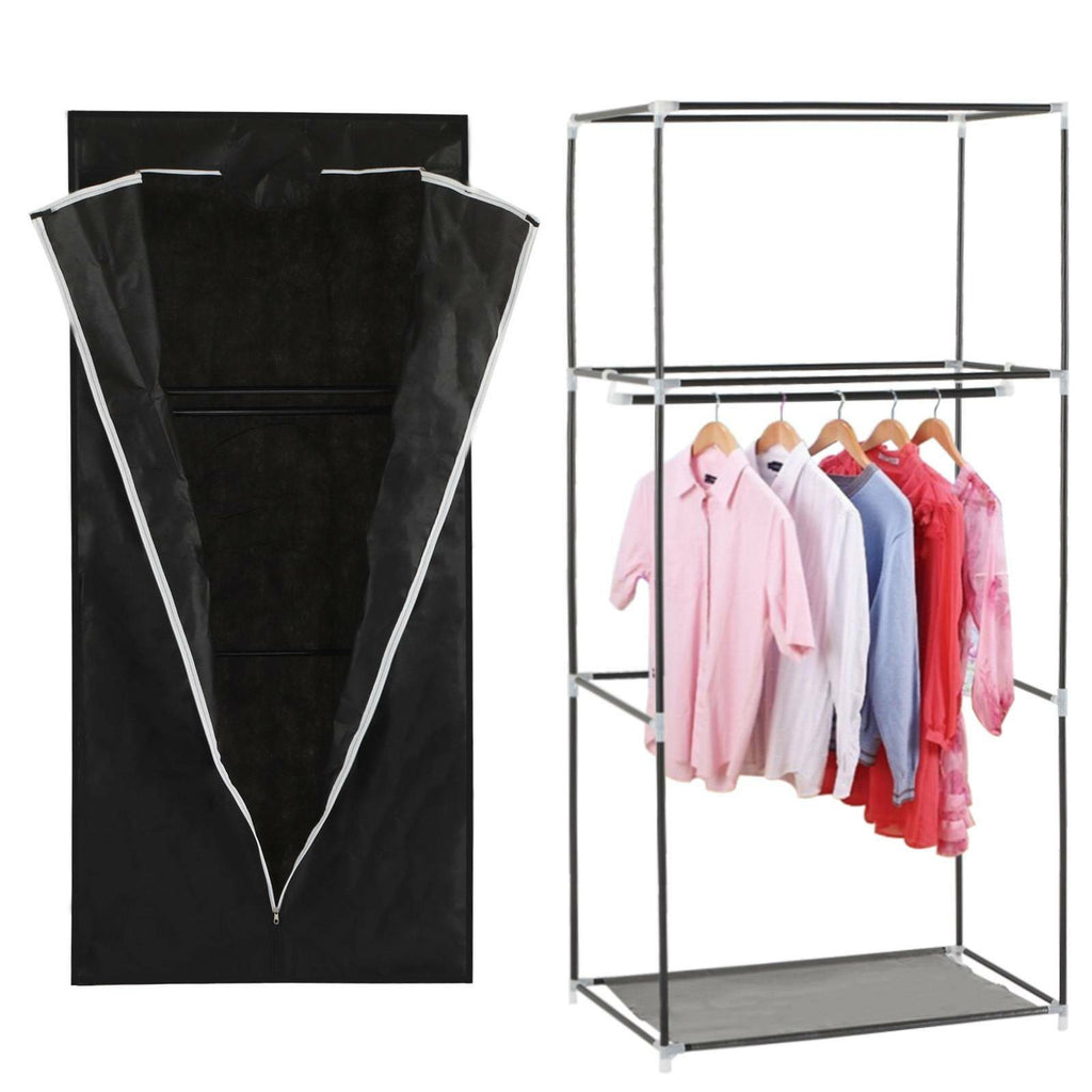 Single Fabric Canvas Wardrobe with Hanging Rail Shelving Clothe Storages Closets