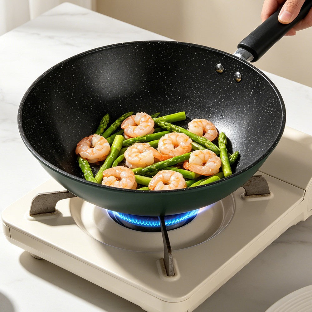 32CM Non Stick Frying Pan Wok Pan Anti-Scalding Handle w/ Lid For Gas, Electric
