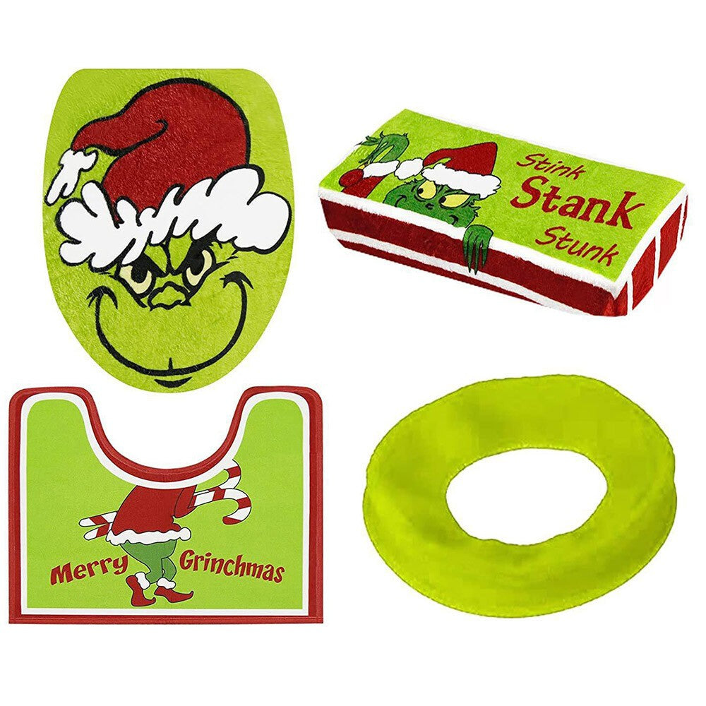 4PCS/Set Christmas Grinchs Decor Bathroom Toilet Pad Seat Cover-Rug for Bathroom
