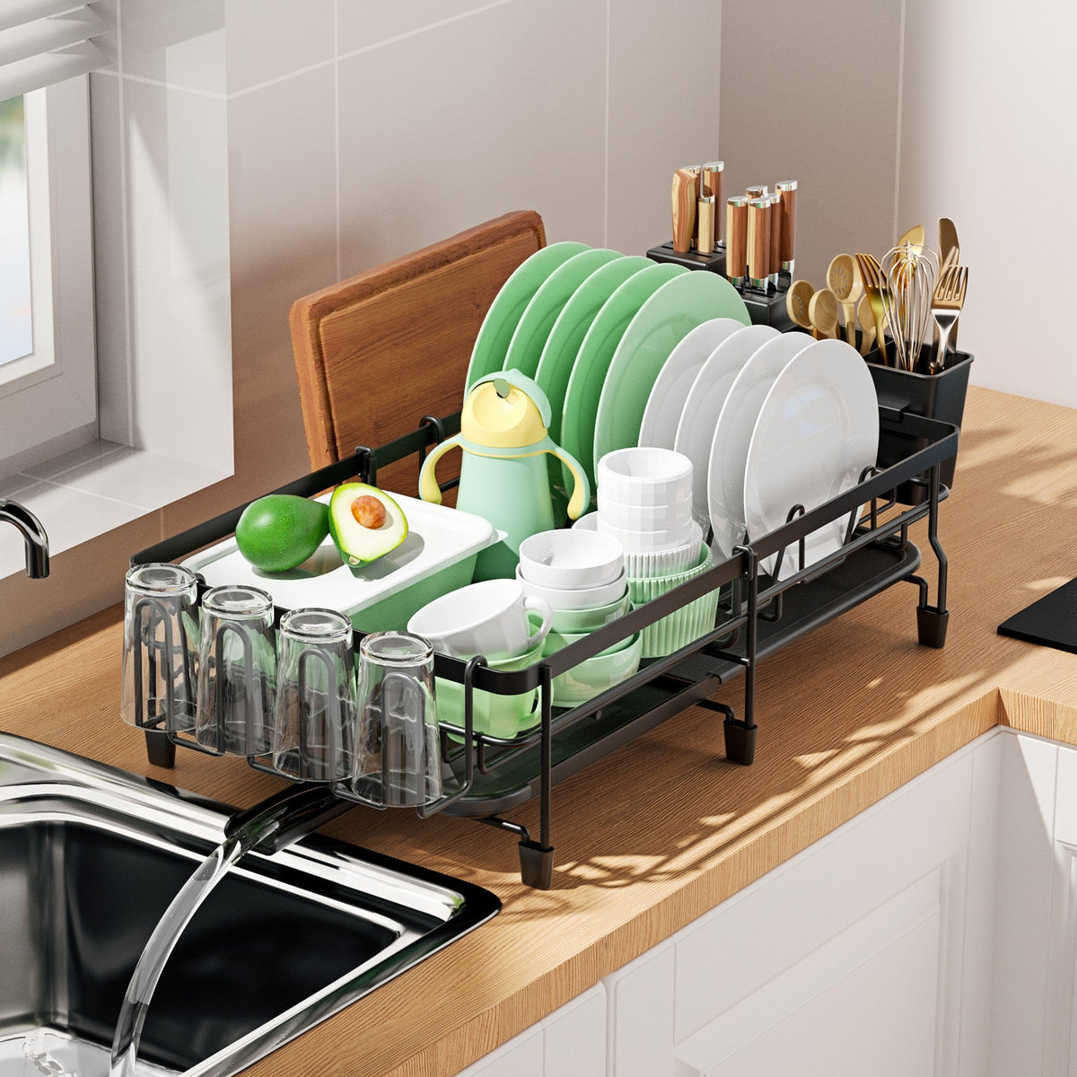 Dish Drainer Rack-With Cutlery Cup Holder-Utensil Holder For Kitchen Counter