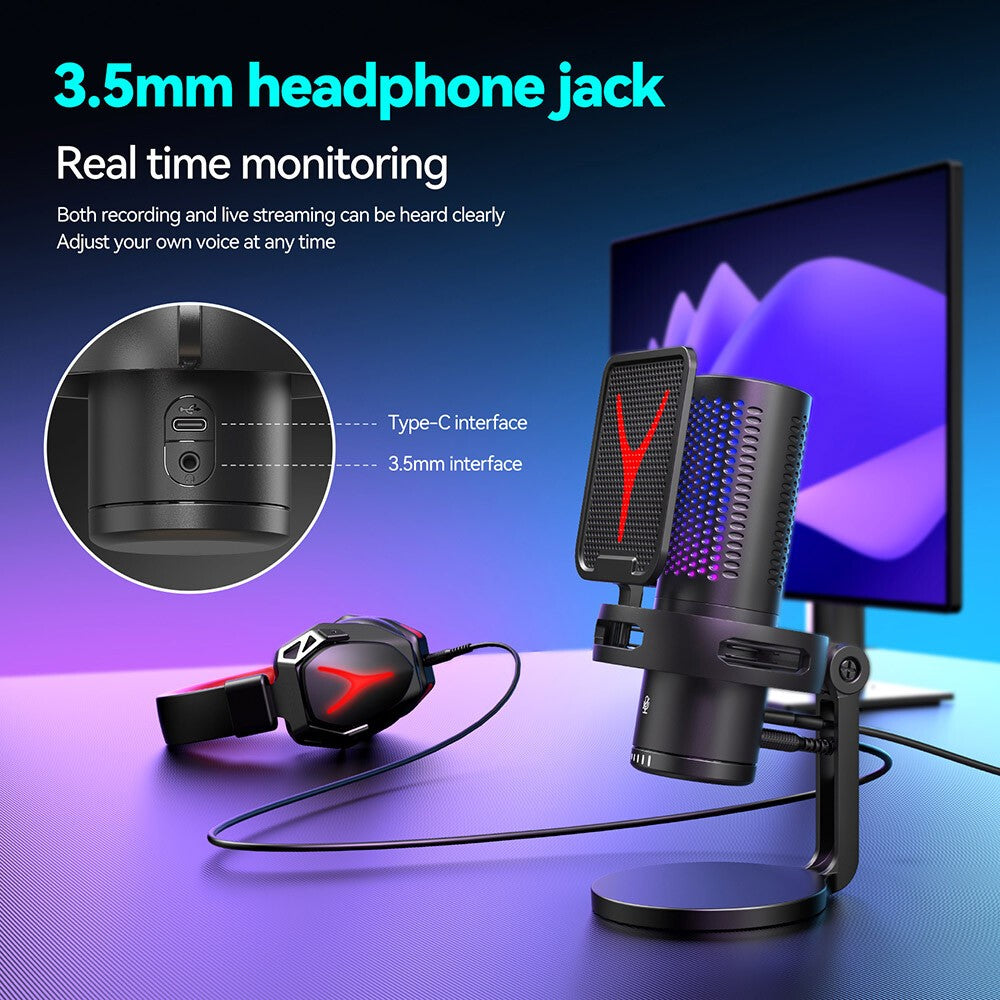 USB Microphone Noise Cancellation Condenser RGB Gaming Mic for PC Laptop Android