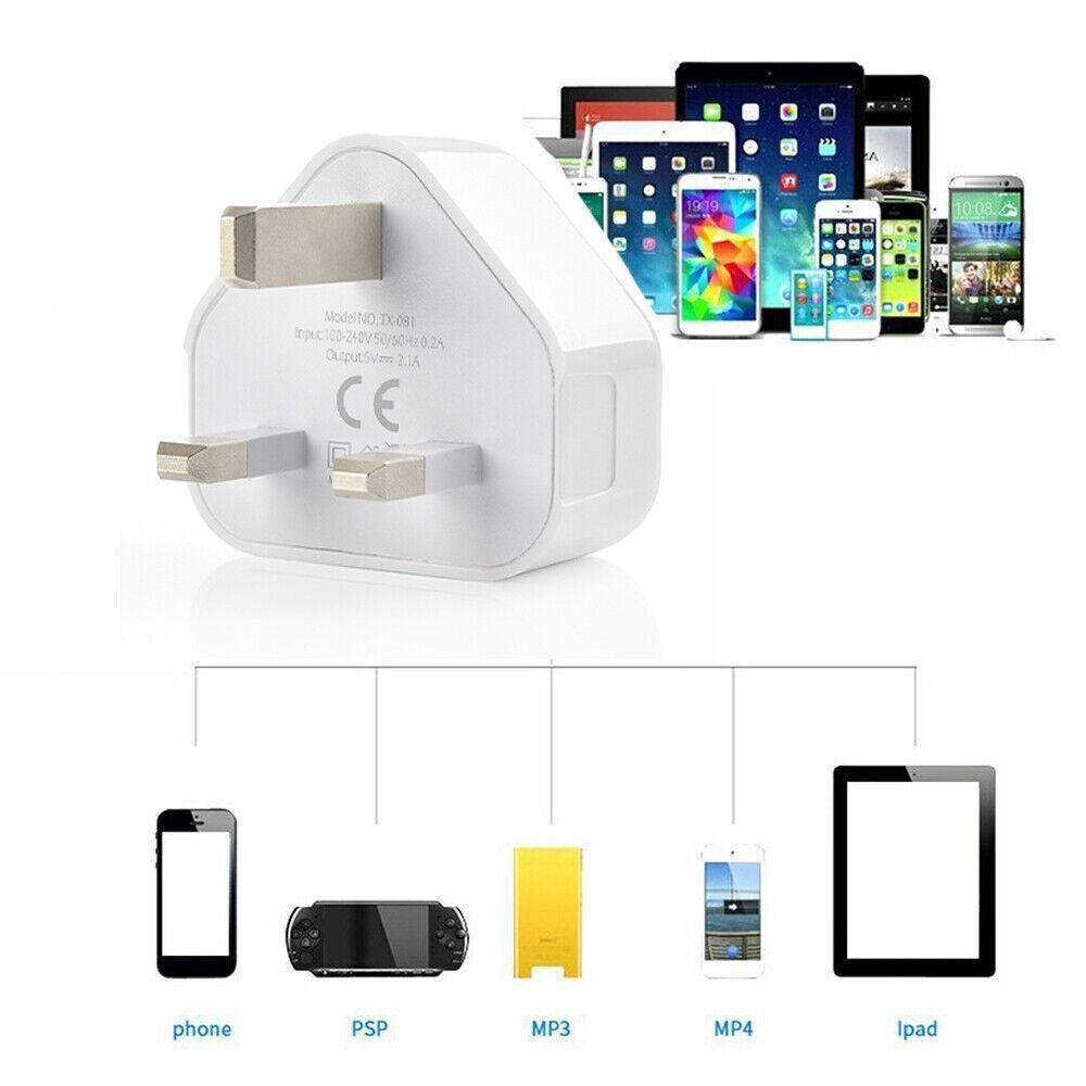 6 Pack UK USB Wall Charger 3 Pin Plug Mains Adapter For Phones, Tablets Power UK