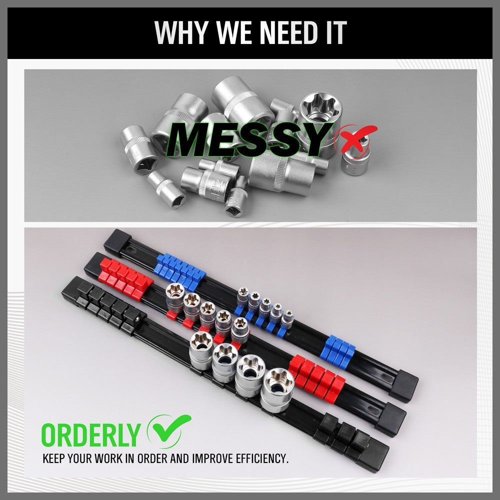 9PCS Socket Rail Storage Holder Organizer Tray Set 1/2" 3/8" 1/4" Wall Mount ABS