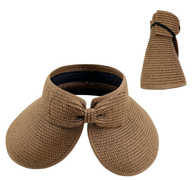 Foldable Bow Decor Sun Visor Wide Brim UV Protection Straw Hat