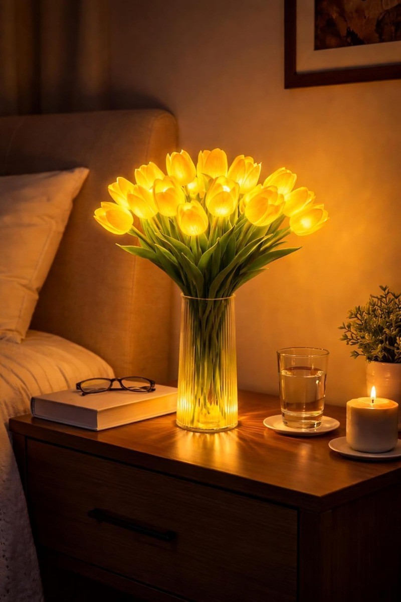 15X LED Tulip Night Light Artificial Flower Lamp Bedroom Decor Gift：