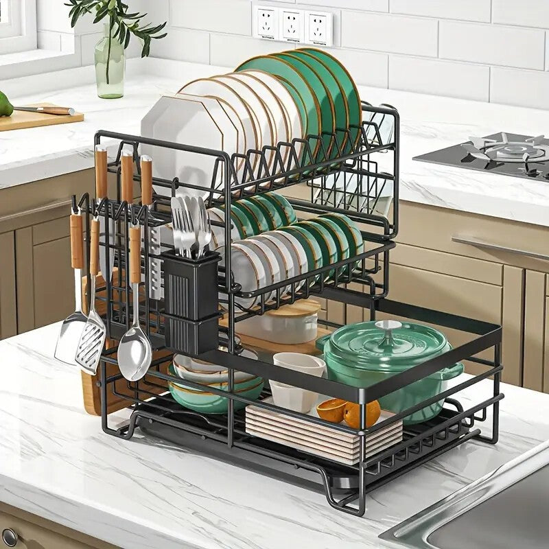 3 Tier Dish Drainer Rack with Drip Tray Cutlery Holder Plate Racks Kitchen Sink