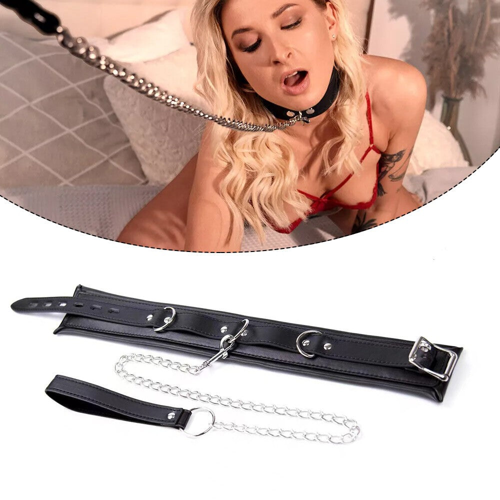 PU Leather Padded Neck Collar Chocker With Leash Chain Slave Game Bondage BDSM