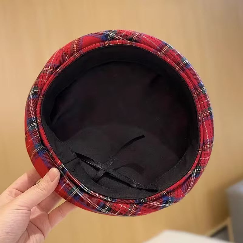 Women Striped Jacquard Beret Classic Casual Plaid Vintage Flat Top Painter Cap