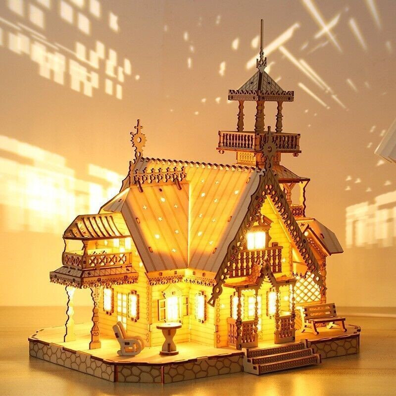 3D Wooden Jigsaw Puzzles for Adults Illuminated Villa Building Kit Xmas Gift Toy