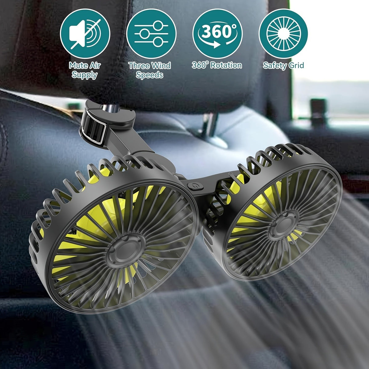 12V24V Car Back Row Multifunctional Adjustable High Wind Backrest Dual Head Fan