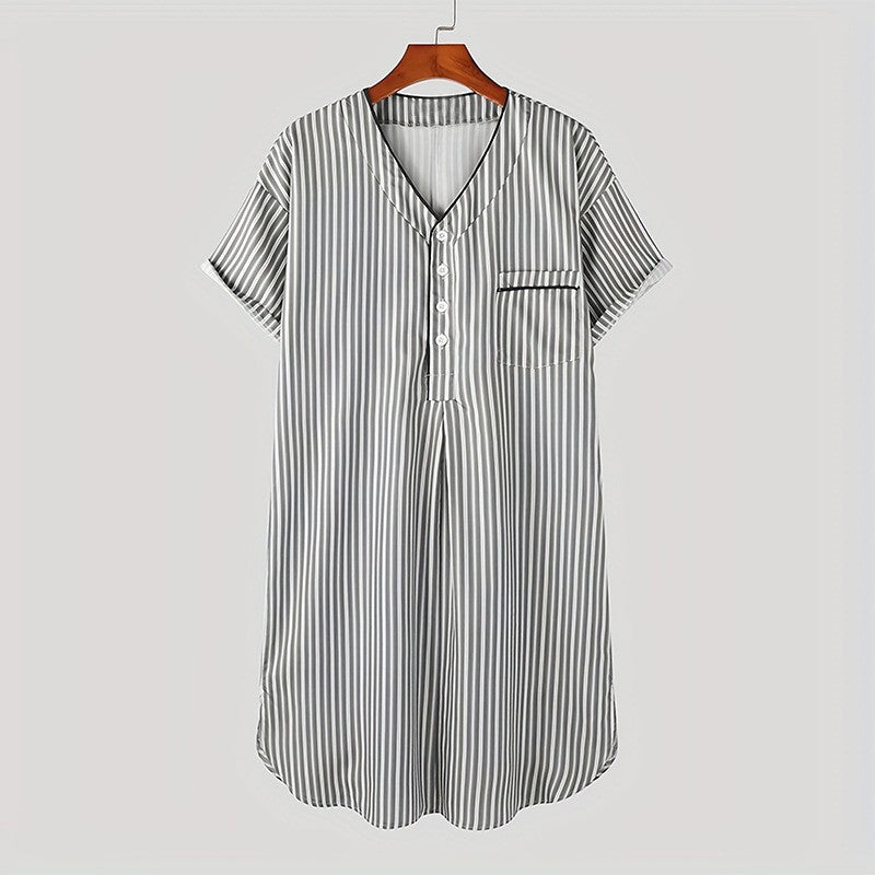 Summer Mens Striped Short Sleeve V Neck Top Shirt Dress Nightshirt Sleepwear Pjs