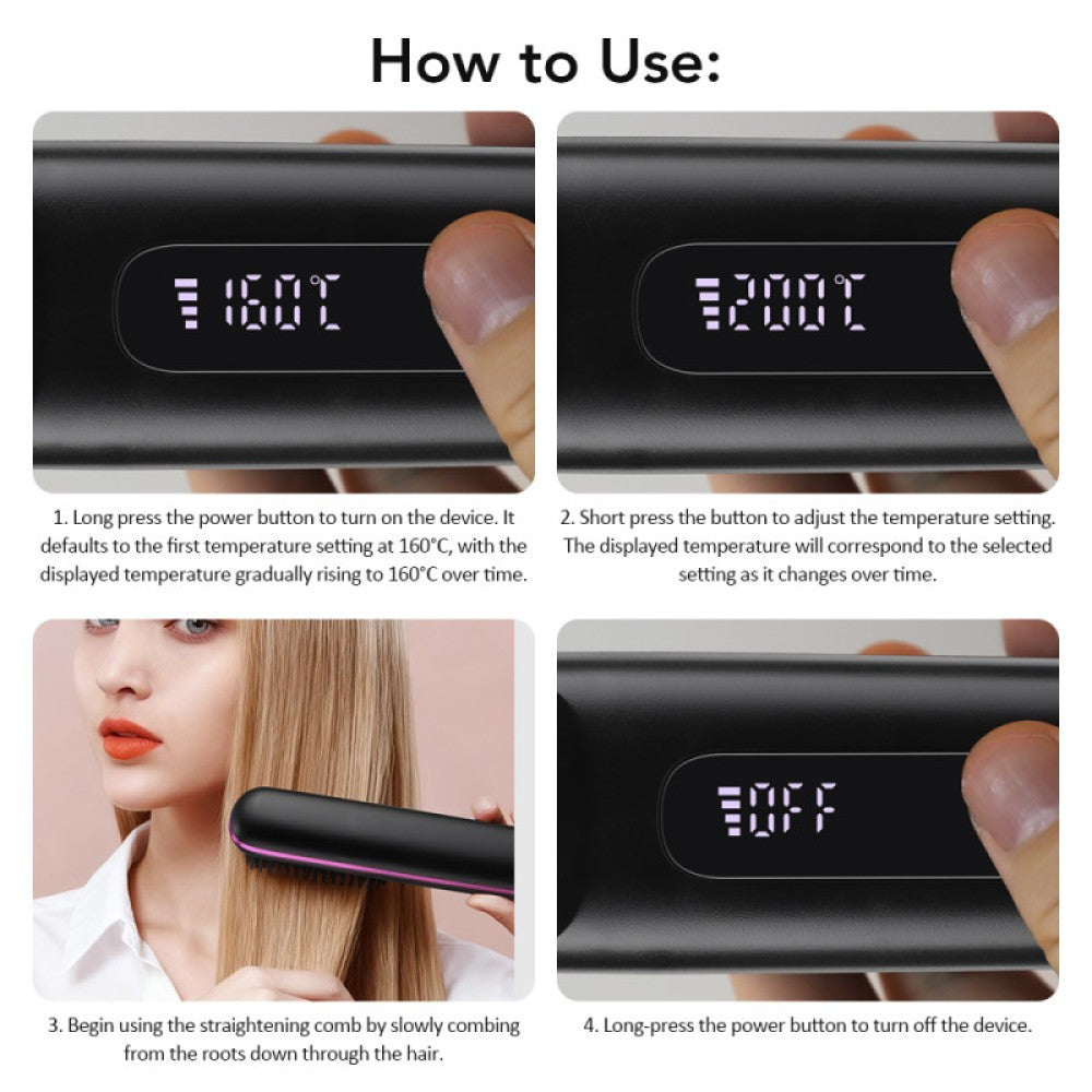 Go Brush Pro, Cordless Hair Straightener Comb, Ionic Heated Hair Brush, Ceramic~