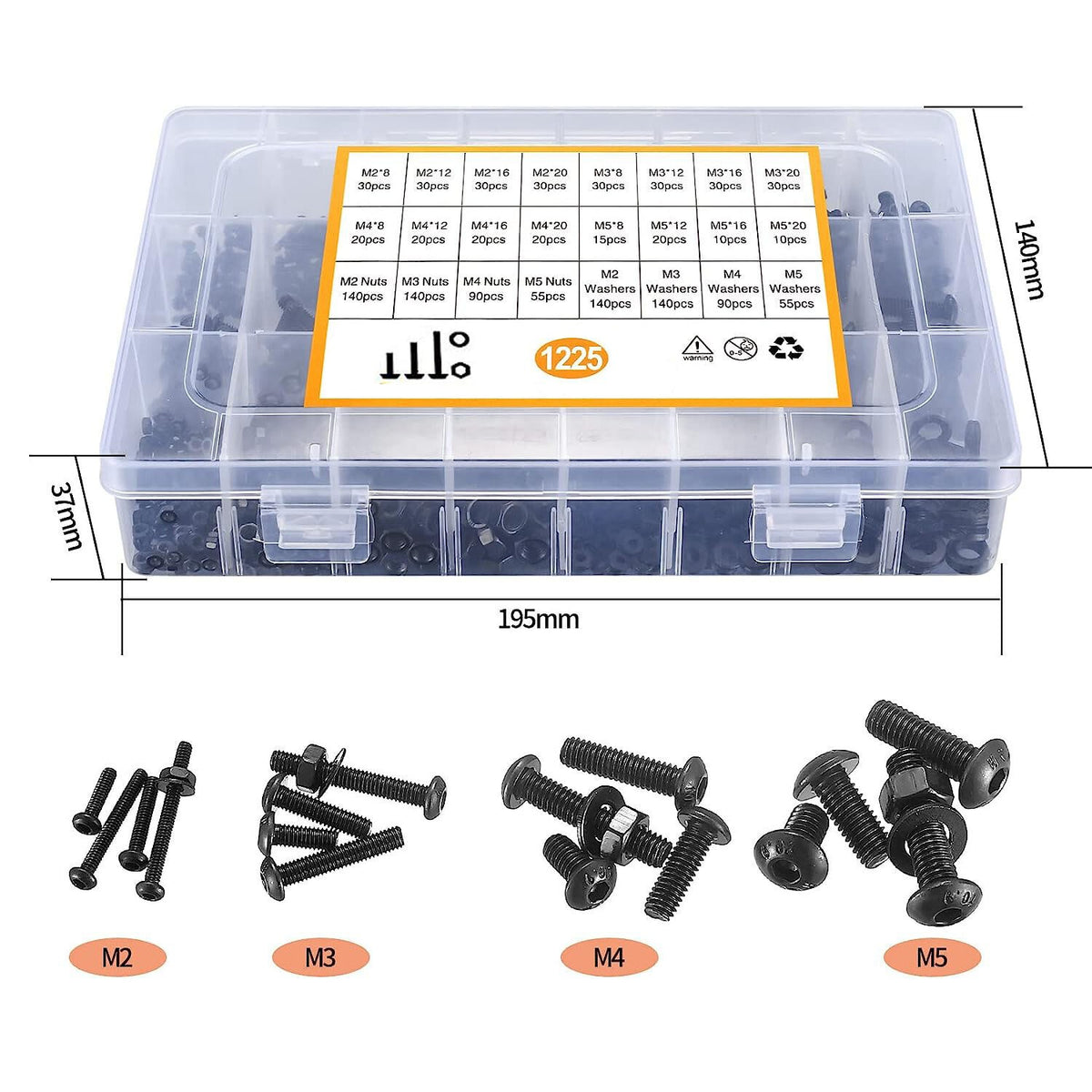 1225pcs Stainless Steel Hex Screws & Socket Bolts Nuts Set Assorted M2 M3 M4 M5
