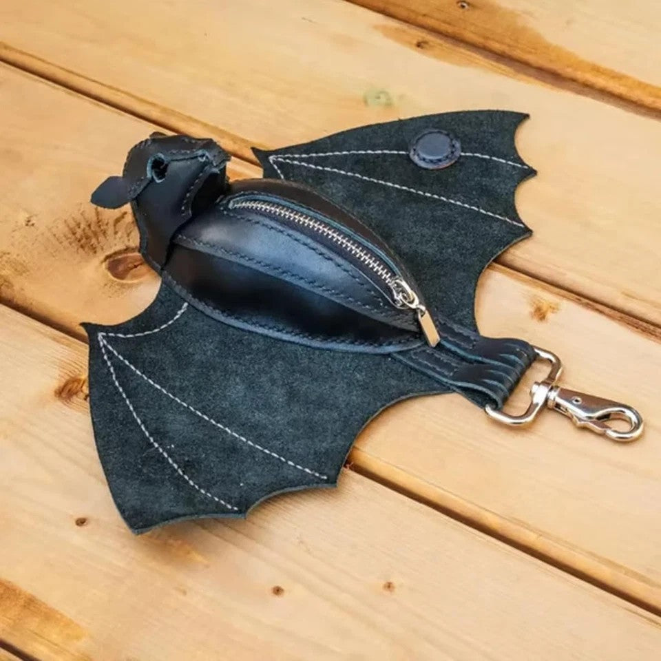Gothic Leather Bat Coin Purse Handmade Keychain Zippered Wallet for Bags & Belts