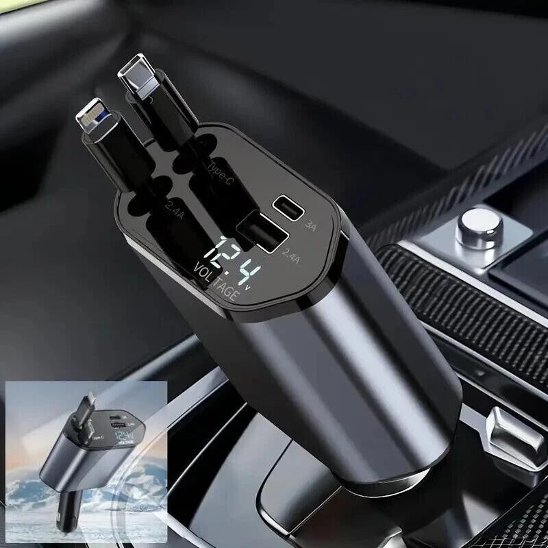 Retractable Car Charger 4IN1 120W USB Type C Cable For Phone Fast Charge Adapter