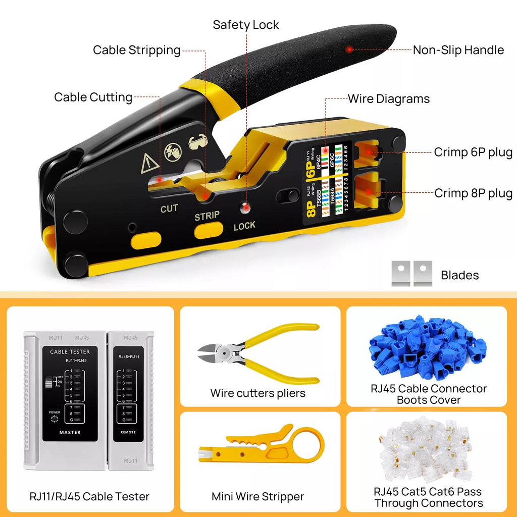 RJ45 Pass Through PRO EZ Crimping Tool Crimper CAT 5 5E 6 Connector Mega Kit UK