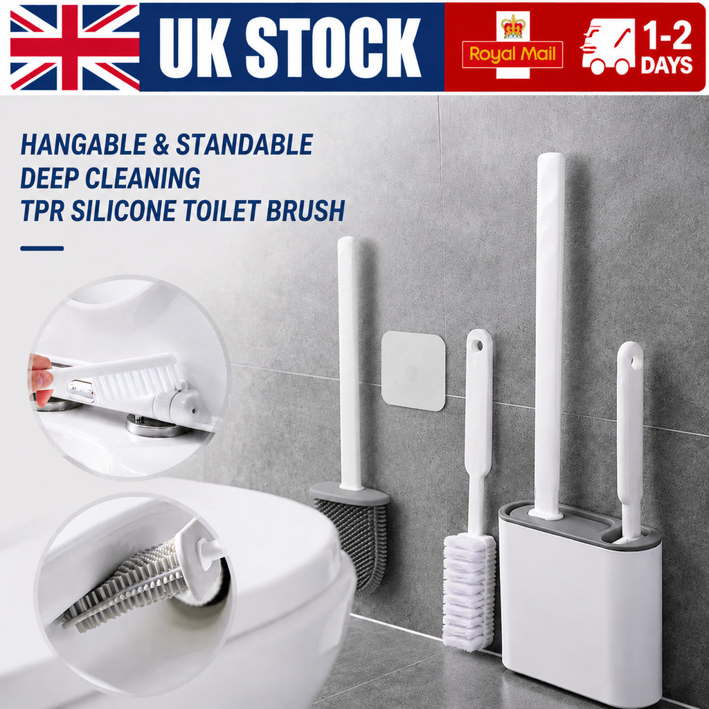 Silicone Toilet Brush & Toilet Brush Holder Soft TPR Cleaning Brush Full Set UK