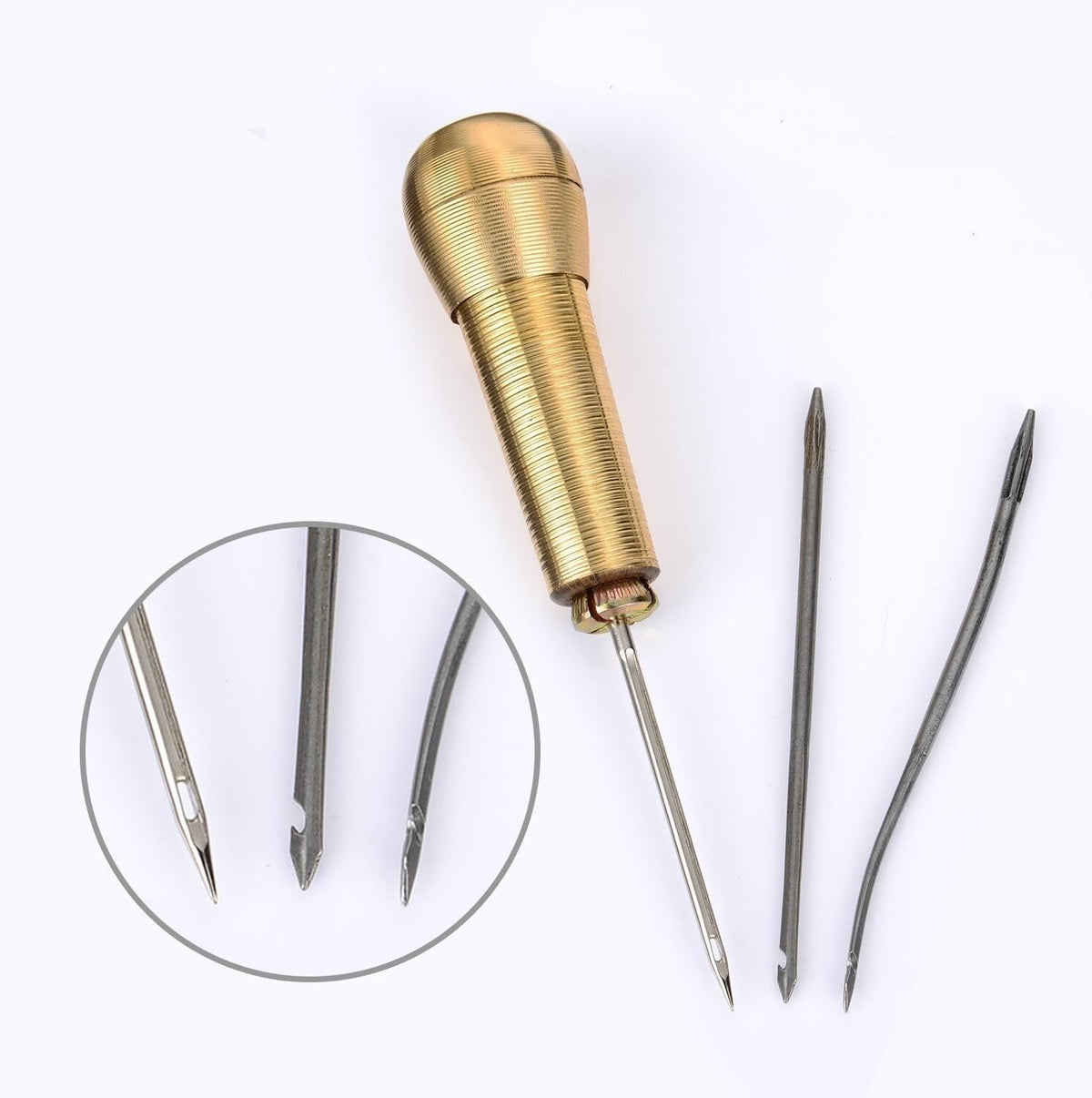 Copper Handle 3 Needles Sewing Awl Hand Stitcher Shoe Repair Tool Canvas Leather