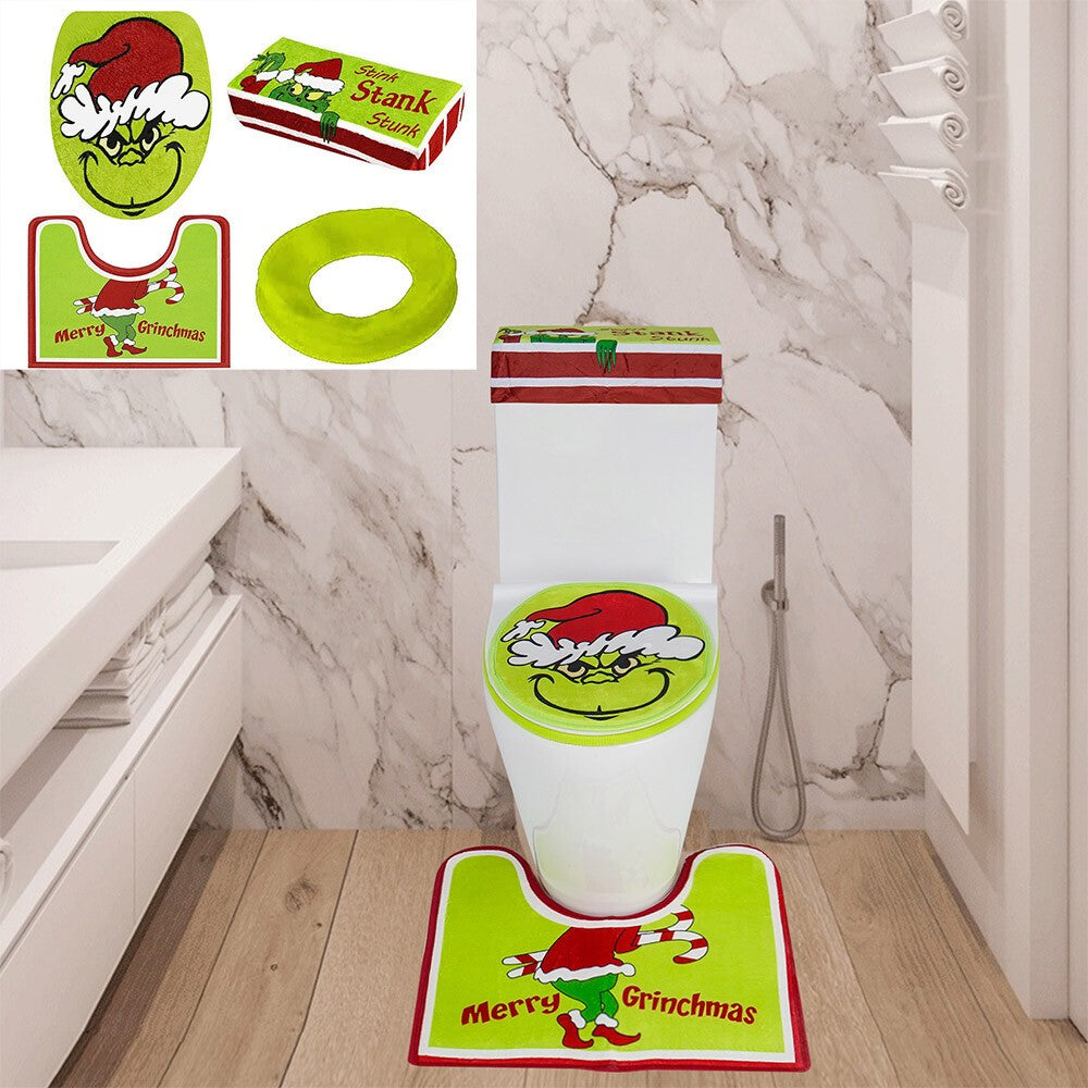 4PCS/Set Christmas Grinchs Decor Bathroom Toilet Pad Seat Cover-Rug for Bathroom