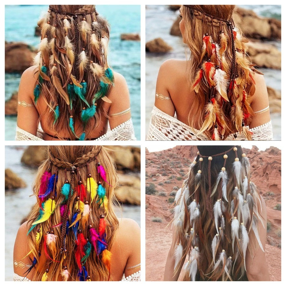 Boho Feather Headband Rainbow Indian Headbands Hippie Feather Headdress