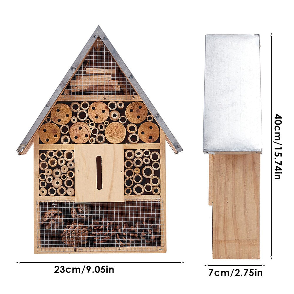 Wooden Insect Hotel Metal Roof Nesting Home Bee Keeping Bug Garden Ladybird Box