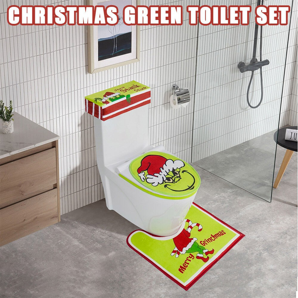 4PCS/Set Christmas Grinchs Decor Bathroom Toilet Pad Seat Cover-Rug for Bathroom