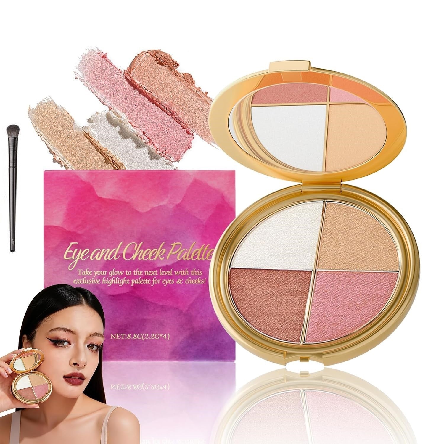 4 Shades Eye & Cheek Palette - All-in-1 Eyeshadow and Highlighter Makeup Palette