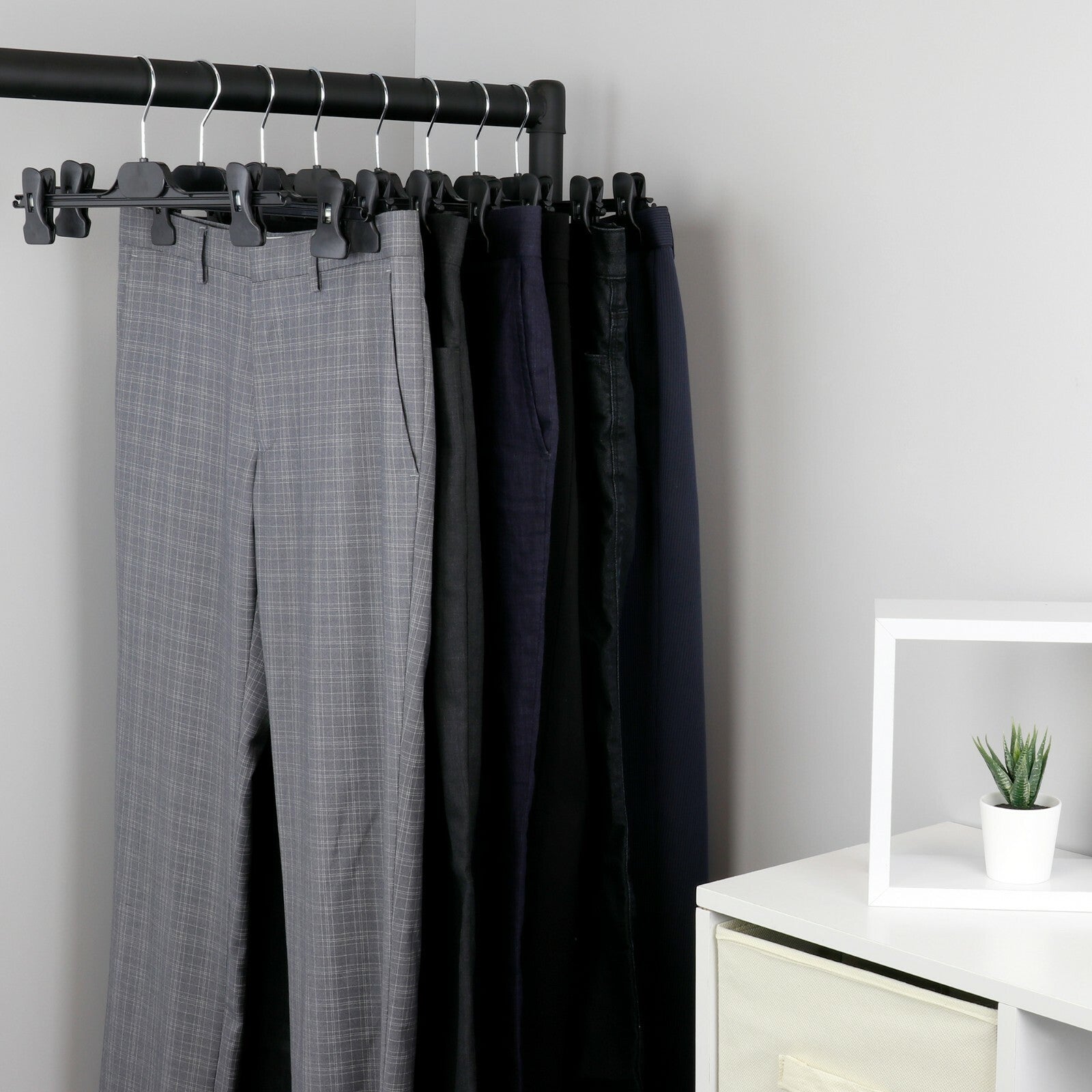 10 Pack 35cm Black Plastic Clothes Hangers with Clips Trousers Skirt Strong