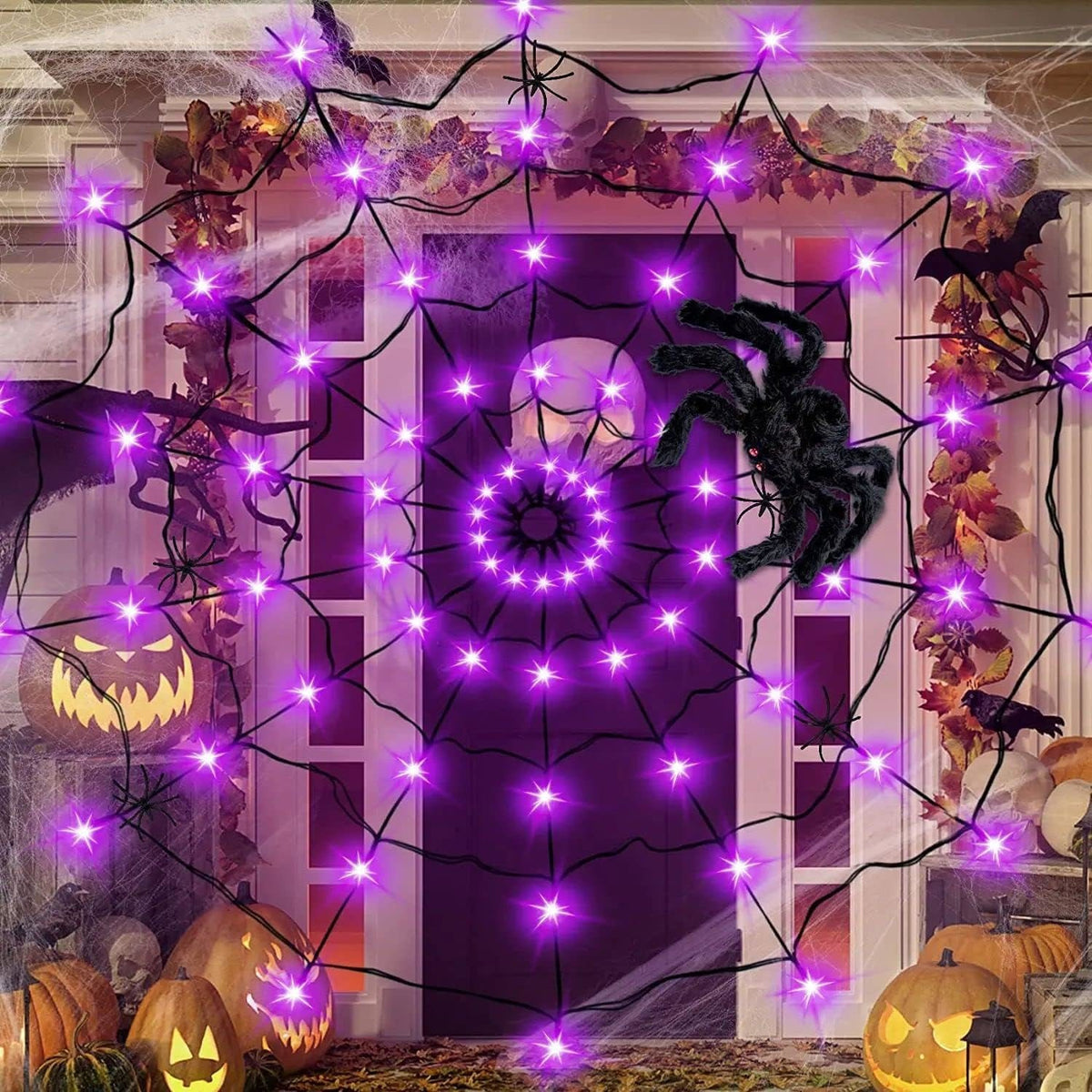 Halloween Luminous Spider Web LED Lights Hairy Black Spider Garden Hanging Decor