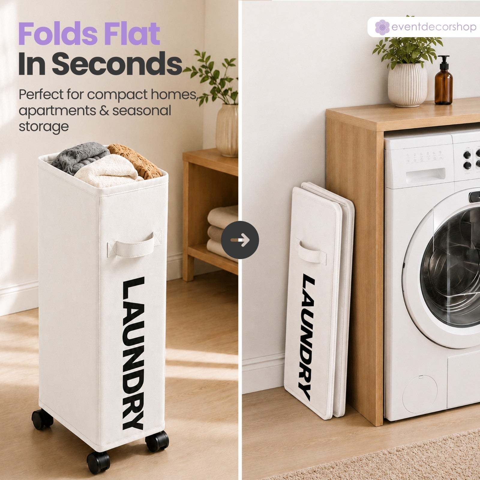 42L Water Resistant Laundry Basket w/Rolling Slim Wheels Foldable Washing Hamper