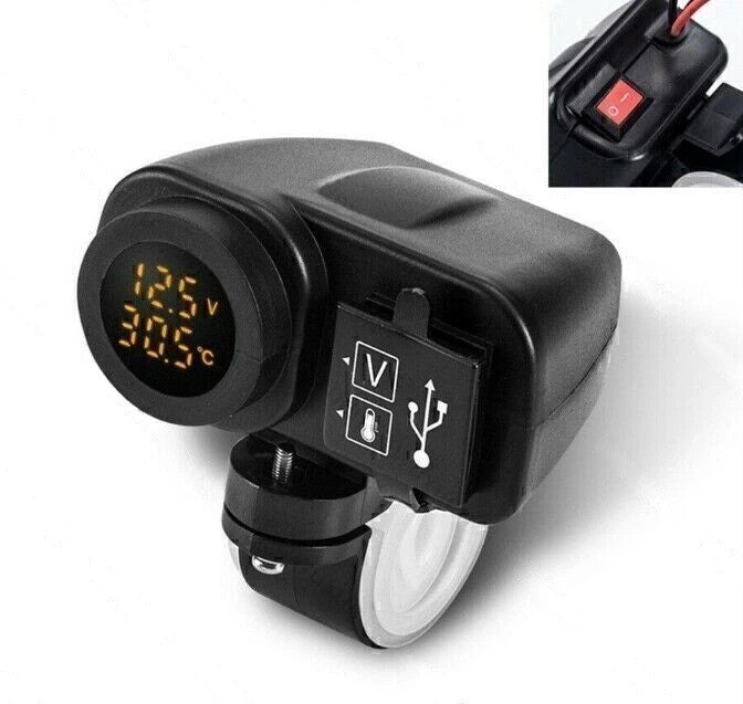 Yellow LED 12V Motorcycle USB Charger 2.1A+2.1A w/ Digital Voltmeter Thermometer