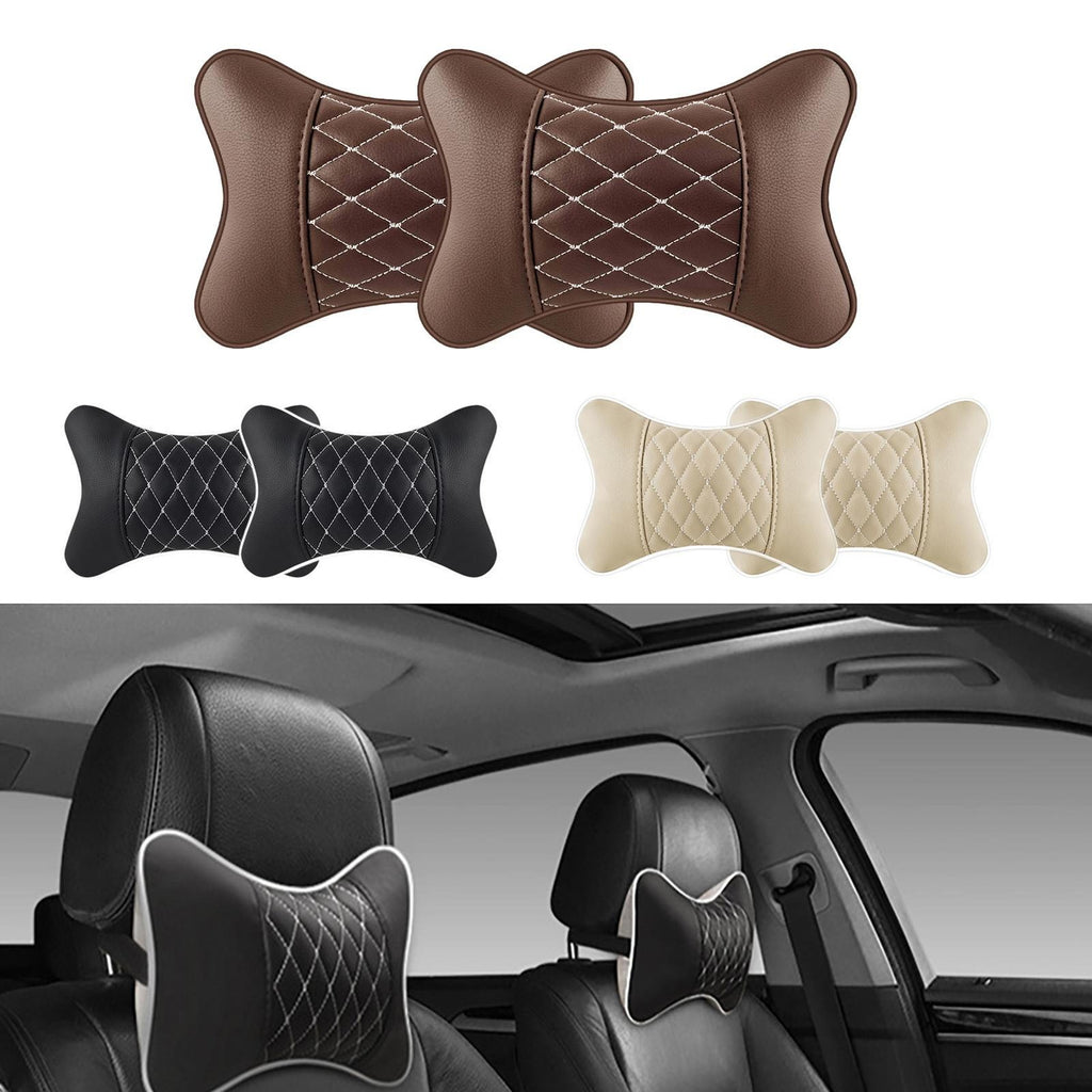 2pc Car Seat Head Neck Rest PU Leather Support Cushion Pad HeadRest Bone Pillow