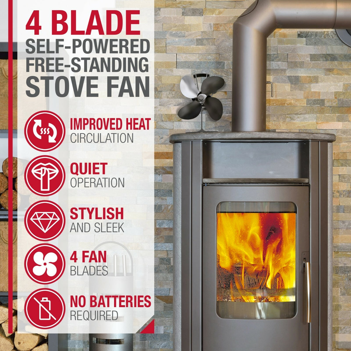 Heat Powered Stove Fan For Wood Logs Burner Fireplace Quiet 4 Blades