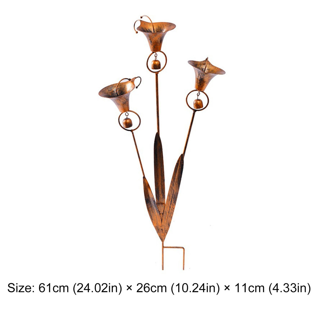 Flamed Copper Three Calla Lilies Garden Stake with Bells, Rain Catcher Flower UK