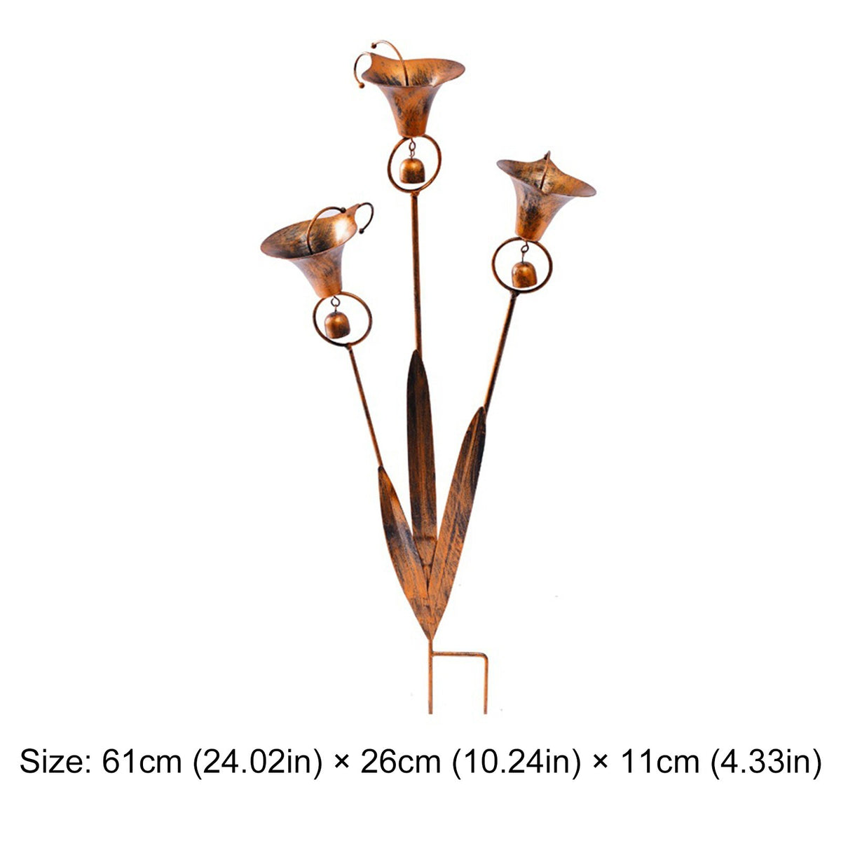 Flamed Copper Three Calla Lilies Garden Stake with Bells, Rain Catcher Flower UK