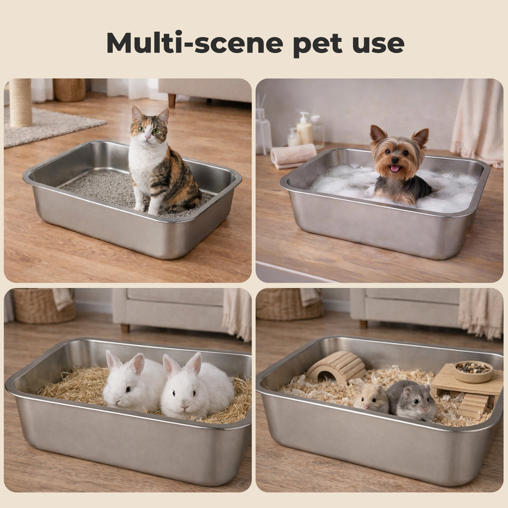 Cat Litter Box Stainless Steel Toilet Tray for Kittens Cats Large Open