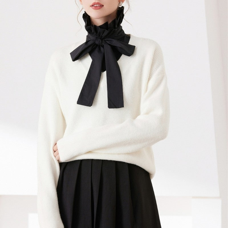 Detachable Faux Collar with Elegant Bows Tie Ruffle Half Shirt for Party Dresses