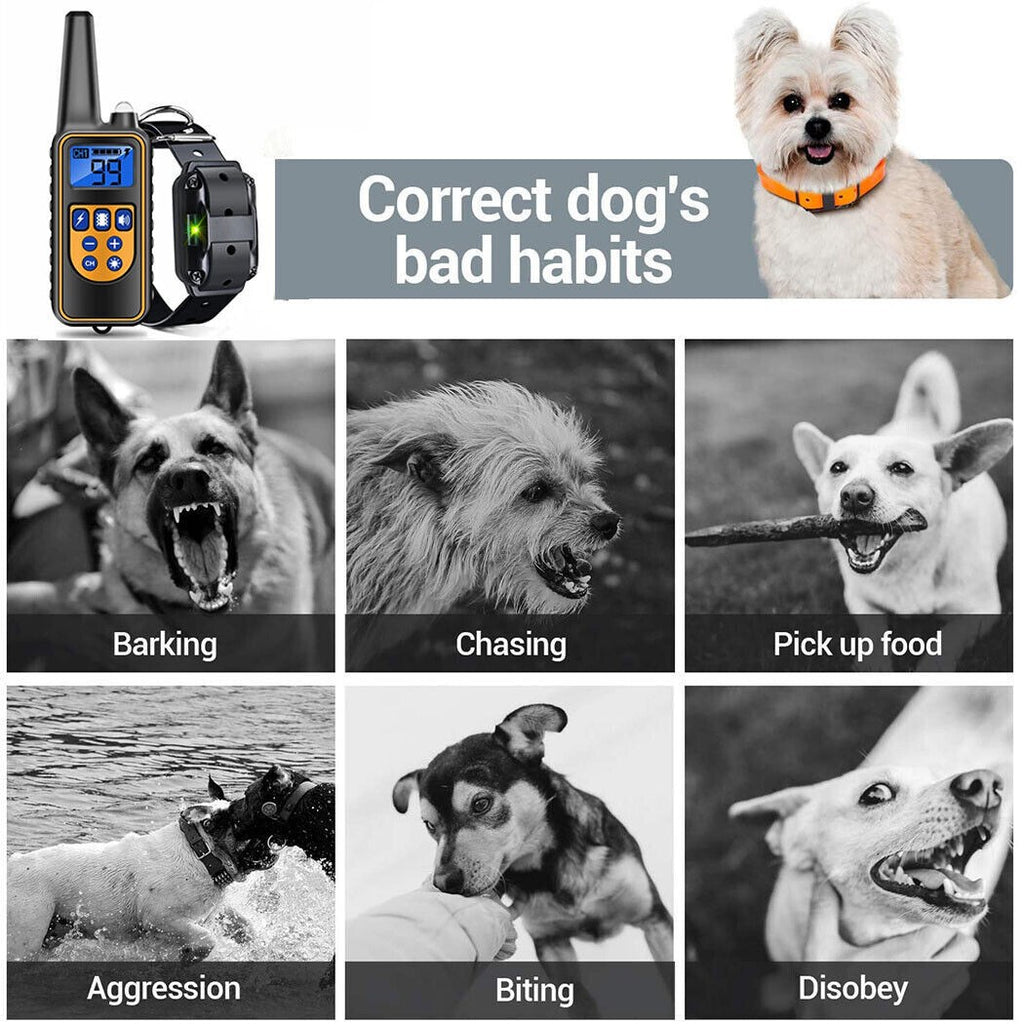 800M Electric Dog Pet Training Collar Waterproof Electric Shock Anti Bark Remote
