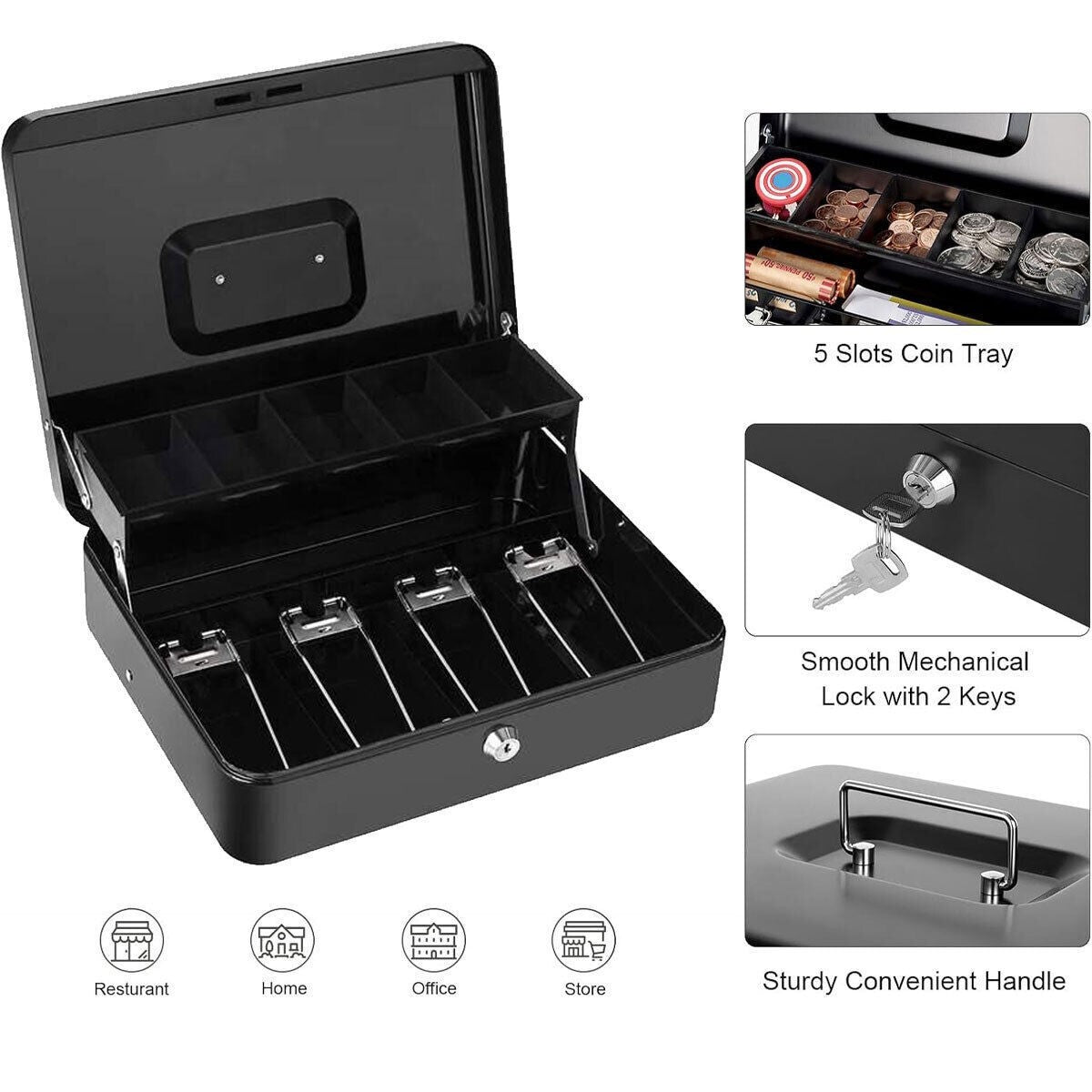 Money Float Tin Keys Lockable Safe Metal Petty Cash Box Coin Tray