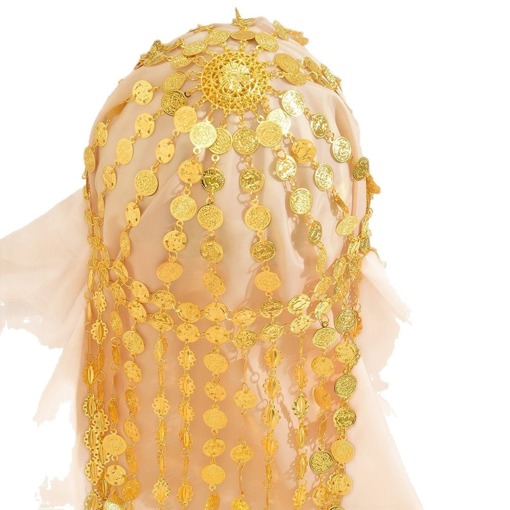 Golden Arabic headpiece W/multiple layers of tassels hollowed out hair accessory