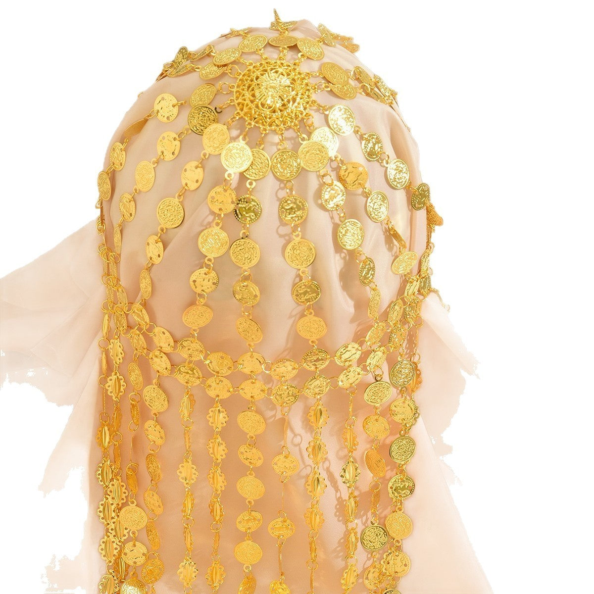 Golden Arabic headpiece W/multiple layers of tassels hollowed out hair accessory