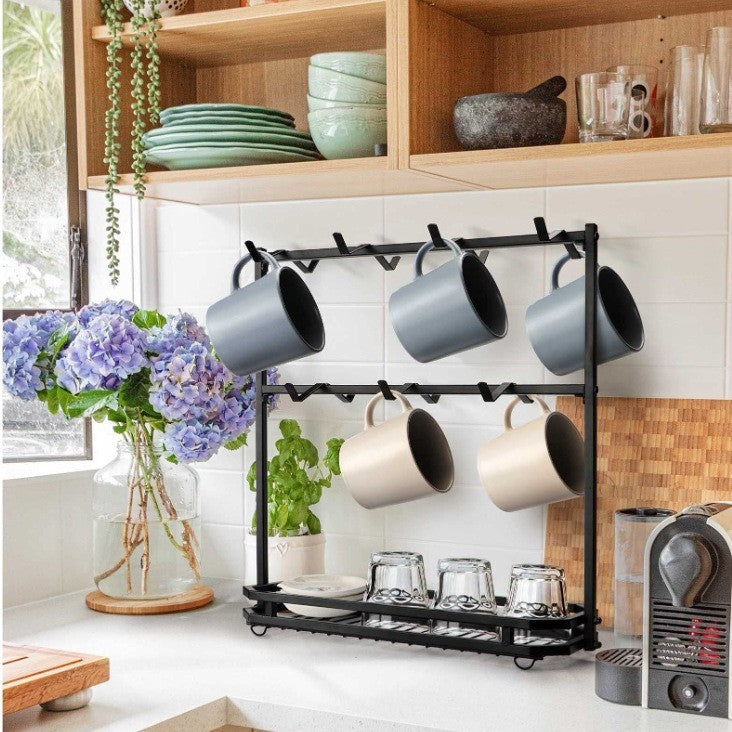 Coffee Mug Rack Metal Black Vintage Cup Holder Stand Storage Base with 14 Hooks