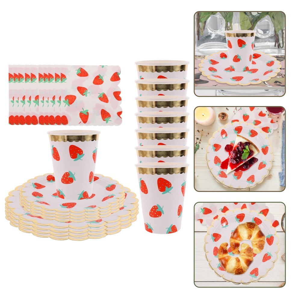2X Strawberry Themed Napkins Disposable Tableware Plates Cups Straws Set for