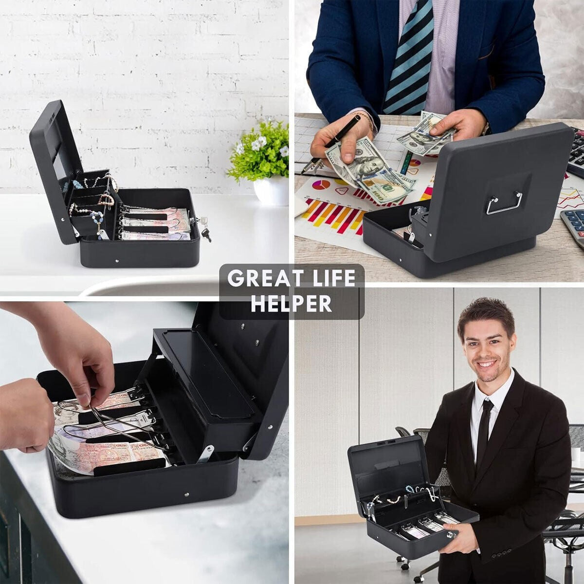 Money Float Tin Keys Lockable Safe Metal Petty Cash Box Coin Tray
